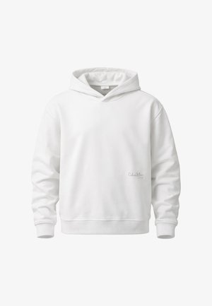 Felpa con cappuccio bianca a maniche lunghe con tasca a marsupio frontale, polsini e orlo a coste, e piccolo logo Calvin Klein sul lato inferiore anteriore.