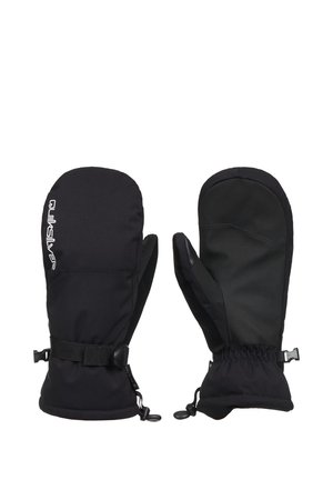 Pair of black insulated mittens with adjustable wrist straps and Quiksilver logo on back of left mitten.