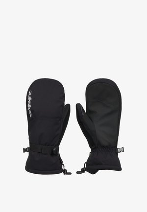 Paar schwarze isolierte Fäustlinge mit verstellbaren Handgelenksriemen und Quiksilver-Logo auf der Rückseite des linken Fäustlings.