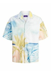 Camicia a maniche corte con bottoni in tessuto leggero, caratterizzata da una stampa tropicale acquarellata multicolore con foglie di palma e tonalità morbide.