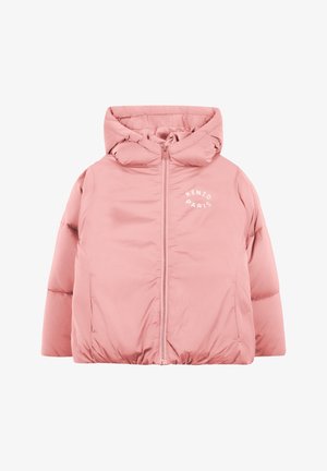 Veste matelassée rose avec capuche, dotée d'une fermeture éclair et d'un détail logo "KENZO PARIS" en blanc, fabriquée en tissu lisse et matelassé.