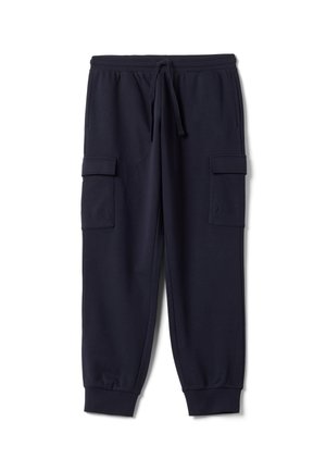 Pantaloni jogger cargo blu scuro con elastico in vita, coulisse, tasche laterali con pattina e polsini alle caviglie su sfondo bianco.