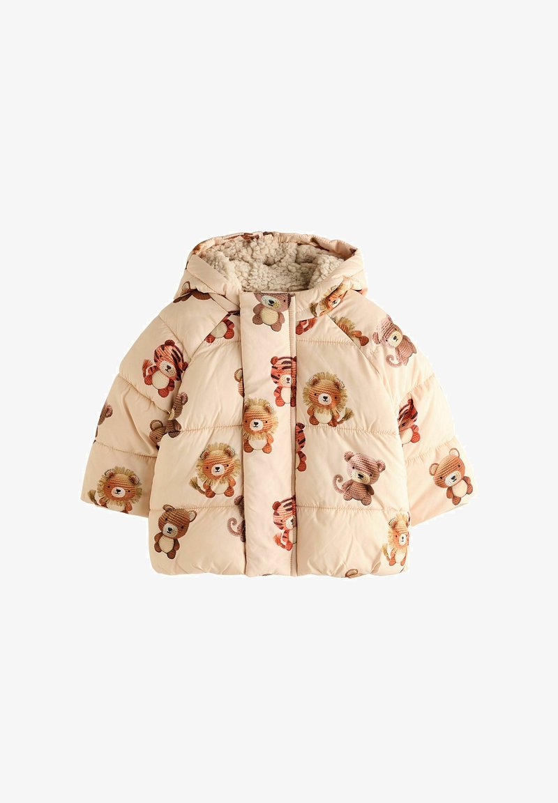 Giacca a vento imbottita rosa con stampa di leoni e scimmie, foderata in peluche e con cappuccio. Presenta una chiusura a bottoni e maniche corte.