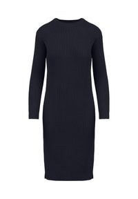 Abito a maglia a coste di un blu navy scuro, con maniche lunghe e collo rotondo, dalla vestibilità dritta e lunghezza al ginocchio. Dettaglio in tessuto strutturato.