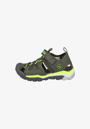 Las sandalias deportivas de color verde oscuro cuentan con un diseño de tiras en T, una correa de Velcro ajustable, acentos de neón brillantes y una suela de goma texturizada para mayor tracción.