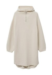 Cremfarbendes Strickkleid mit halbem Reißverschluss, übergroßem Design, langen Ärmeln und leicht abgerundetem Saum. Strukturierter Stoff.