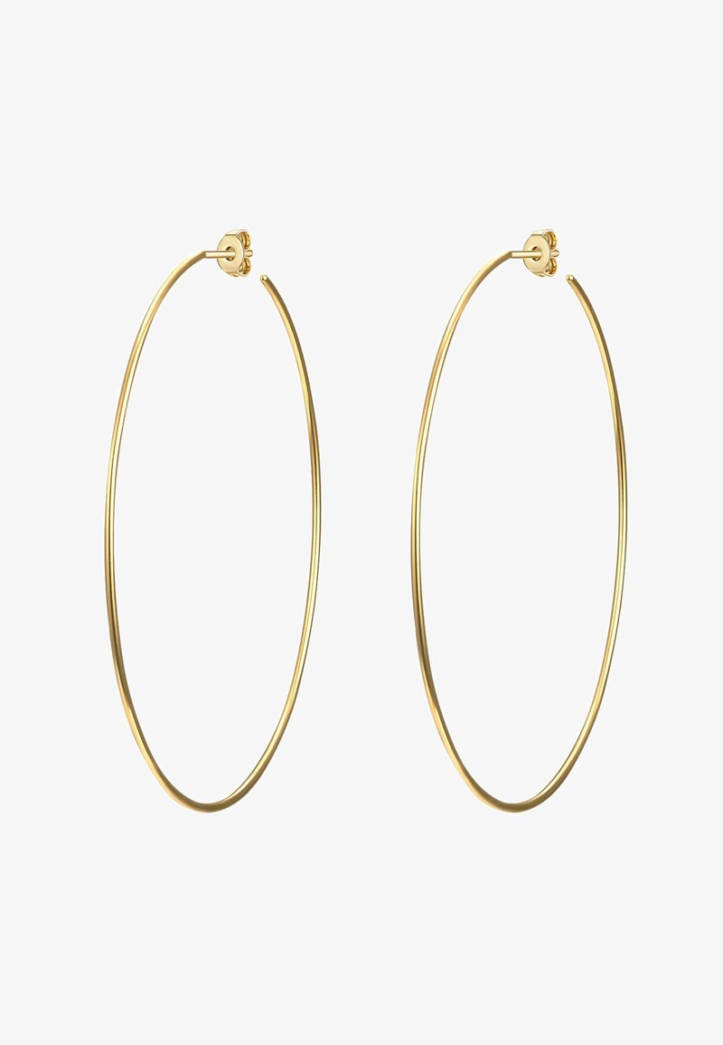 Zlate obročeve uhane z gladko, okroglo obliko. Narejeni so iz kovine, imajo poliran zaključek in varno zaponko za enostavno nošenje.