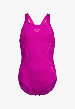 Rosa Badebekleidung mit einem figurbetonten Design, ausgestattet mit dünnen, doppelten Trägern. Sie hat eine dezente Texturierung und kontrastierende pinke Akzente entlang der Seiten.