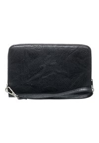 Čierna kožená peňaženka s textúrovaným povrchom, s uzáverom na zips a odnímateľným zápästným remienkom. Obdĺžnikový tvar s hladkým okrajom.