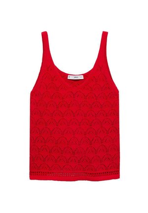 Rotes Spitzen-Trägershirt mit einem runden Ausschnitt, dünnen Trägern und einer gemusterten Textur mit gewellten Formen. Die Kanten sind mit einem festen Band versehen.