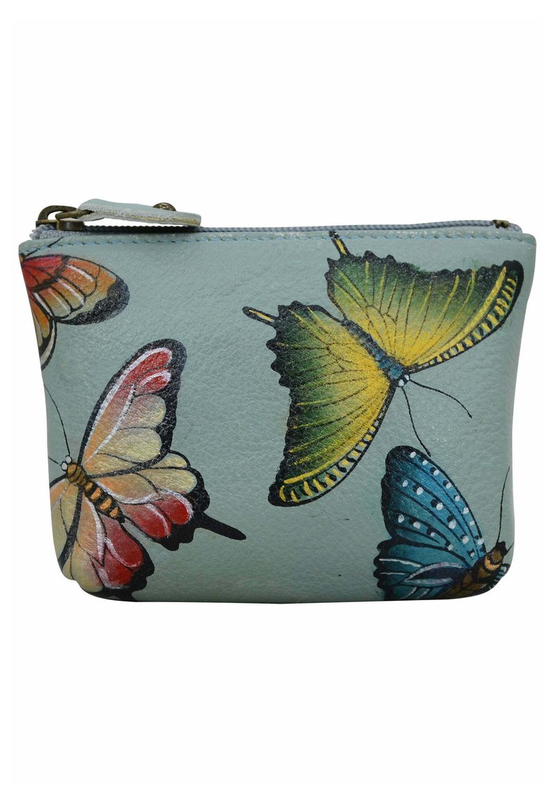 Lichtblauwe leren muntportemonnee met kleurrijke vlinderontwerpen in oranje, geel, groen en blauw. Ritssluiting aan de bovenkant.