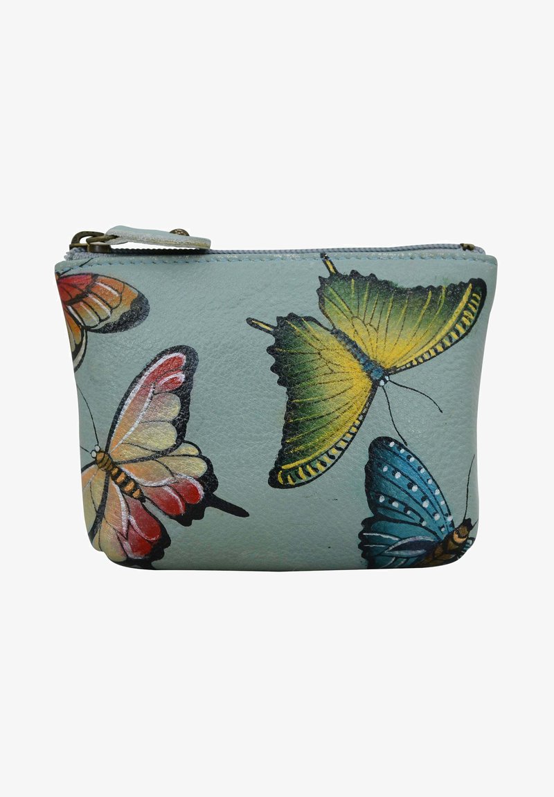 Lichtblauwe leren muntportemonnee met kleurrijke vlinderontwerpen in oranje, geel, groen en blauw. Ritssluiting aan de bovenkant.