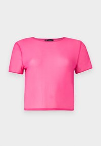 T-shirt corta a maniche corte di colore rosa brillante, realizzata in materiale leggero e morbido, con scollatura rotonda e senza motivi o accenti visibili.