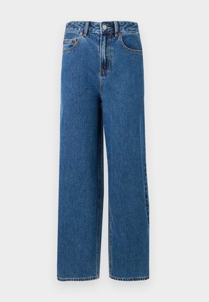 Sinine denimidest lai säärega teksad kõrge vöökohaga, kontrastsete õmblustega ja esisehukäega. Kangas näeb välja tekstuurne ja selle kaal on keskmine.