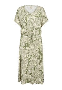 Grünes Kleid mit V-Ausschnitt und kurzen Ärmeln, das mit einem weißen Blattmuster verziert ist. Bindegürtel in der Taille für eine bessere Passform. Weicher, leichter Stoff mit fließender Silhouette.