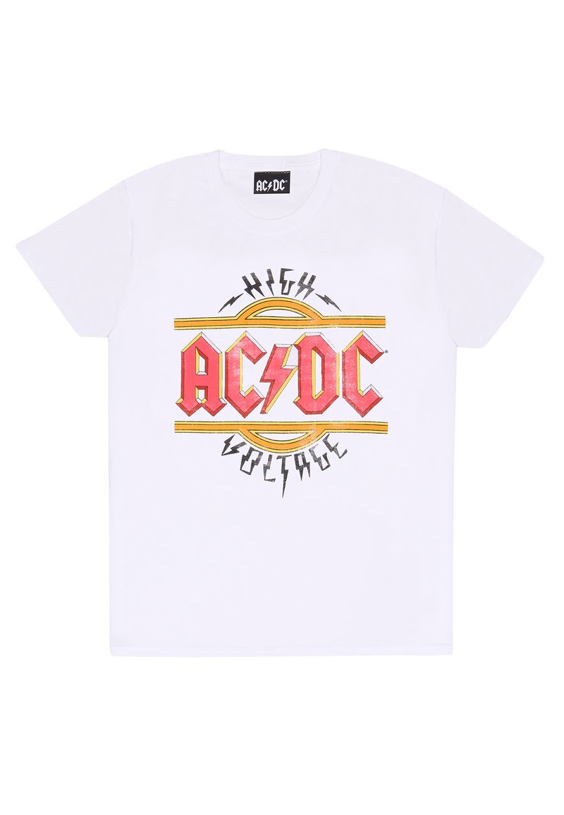 Biała bawełniana koszulka z dużą, wielokolorową grafiką zawierającą tekst "AC/DC" i "High Voltage", z akcentami w kształcie błyskawicy oraz okrągłym wzorem.