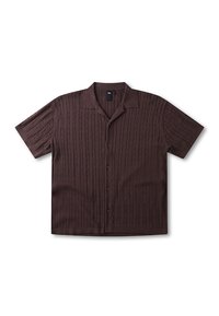 Πουκάμισο με κοντά μανίκια και κουμπιά σε σκούρο καφέ χρώμα, με υφή πλεκτού μοτίβου καλωδίου και κλασικό γιακά.