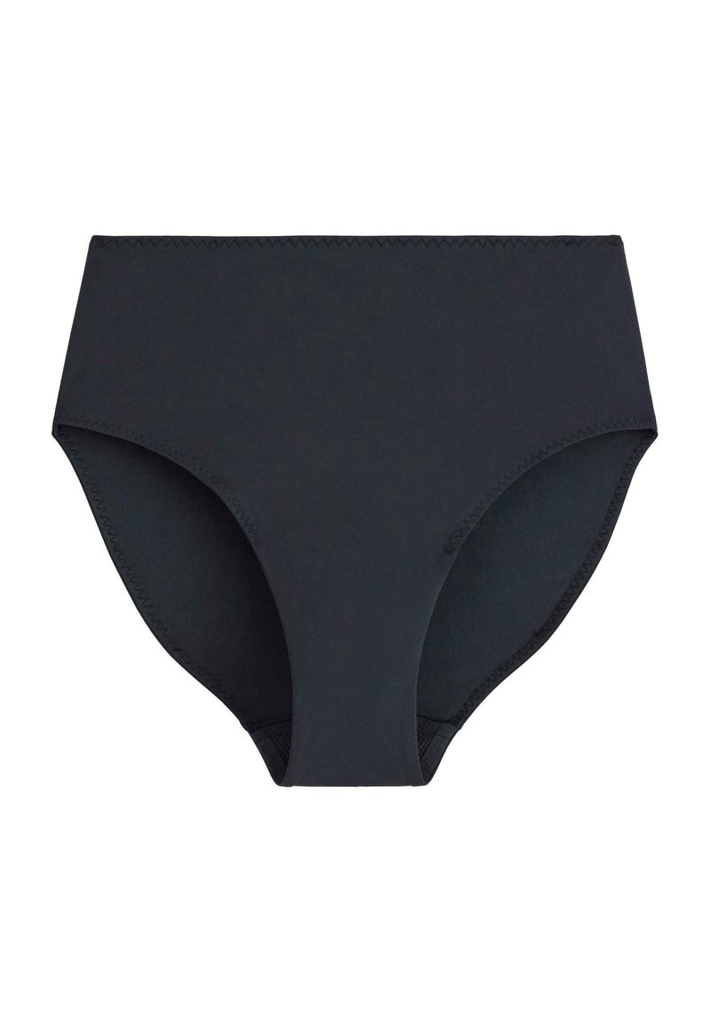 Černé bikinové kalhotky s vysokým pasem vyrobené z hladké látky, s křivkovým střihem a elastickým pasem pro pohodlí a dobře padnoucí fit.