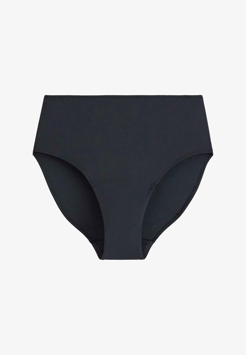 Czarne bikini o wysokim stanie wykonane z gładkiego materiału, z wygiętym krojem i elastycznym pasem dla komfortu i dopasowania.