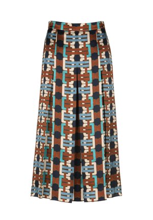 Falda maxi con un estampado geométrico multicolor en marrón, azul y crema, fabricada en un tejido suave con un diseño plisado.