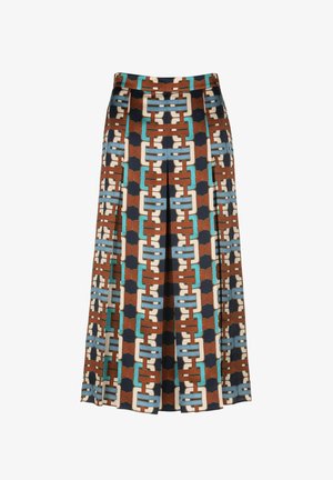 Maxi rok met een meerkleurige geometrische print in bruin, blauw en crème, gemaakt van soepel stof met een geplooid ontwerp.