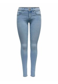 Kitsad teksapüksid helesinises denimis, klassikalise viie taskuga disainiga, õrnade kulumise märkidega ja keskmise tõusuga vöökohaga. Sile tekstuur, ei ühtegi kaunistust.