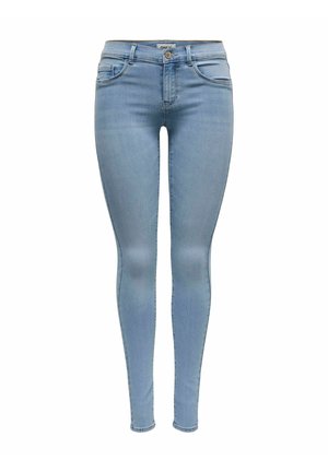 Smala jeans i ljusblå denim med en klassisk femficksdesign, subtila slitningar och en medelhög midja. Slät textur, inga dekorationer.