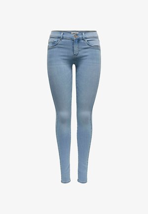 Stramme jeans i lyseblå denim med et klassisk fem-lomme design, diskrete slidmærker og en mid-rise talje. Glat tekstur, ingen udsmykninger.