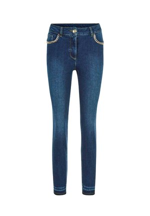Schmale Jeans aus dunkelblauem Denim mit silbernen Kettendetails an den Vordertaschen. Klassisches Fünf-Taschen-Design mit Knopfverschluss.