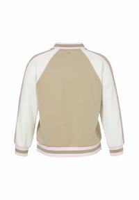 Beige, witte en roze pulloverjack met raglanmouwen, geribbelde manchetten en een ronde kraag. Zacht materiaal, casual ontwerp, minimale branding.