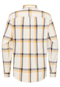 Langsleeve geruite blouse met gele, grijze en marineblauwe ruitjes op een crèmekleurige achtergrond, voorzien van een kraag en knoopsluiting.