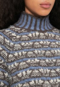 Nærbillede af en person iført en fuzzy, mønstret sweater med blå, brun og hvide striber samt en høj, ribbet turtleneck krave.