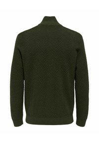 Dunkelgrüner gestrickter Pullover mit Fischgrätenmuster, hohem Kragen sowie Rippbündchen und Saum. Dicke Textur mit einem gemütlichen Aussehen.