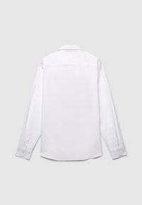 Camicia bianca a maniche lunghe, in cotone, con chiusura a bottoni, colletto classico, texture liscia, con un'unica spalla posteriore e polsini con bottone.