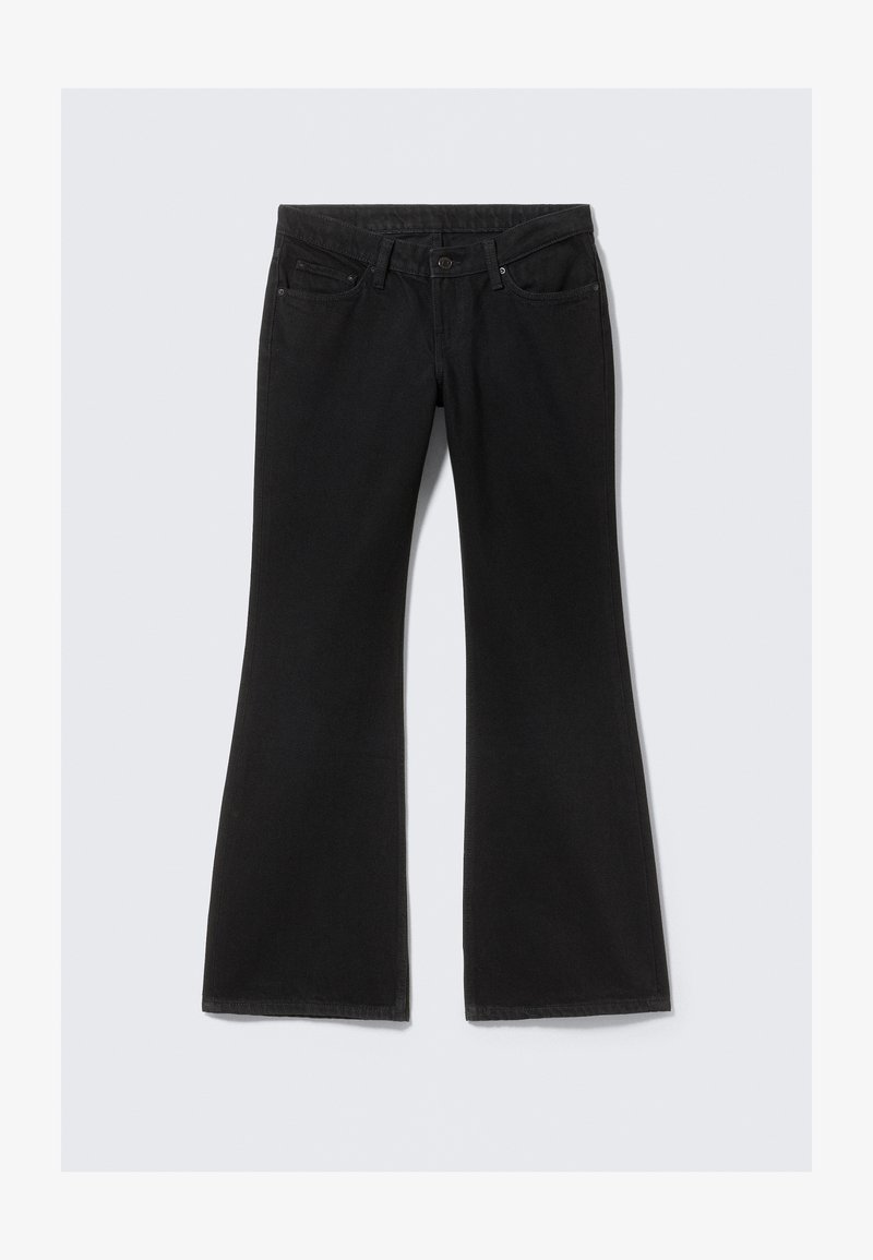 Black denim jeans with a mid-rise waist, five pockets, and flared legs laid flat on a light background.