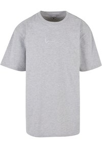 Gray short-sleeve t-shirt in soft fabric. Features a rounded neckline and a subtle white logo on the chest. Straight hem and relaxed fit.