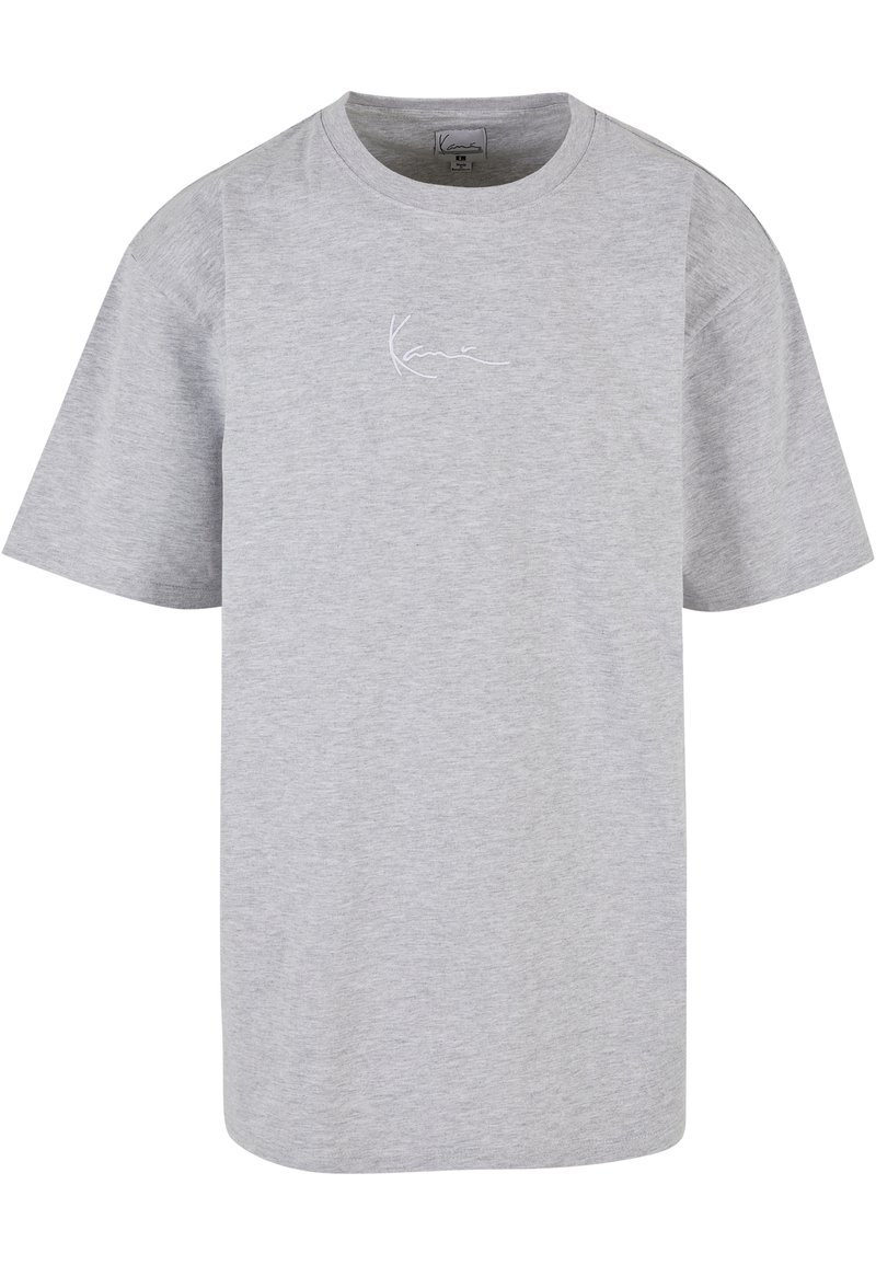 Gray short-sleeve t-shirt in soft fabric. Features a rounded neckline and a subtle white logo on the chest. Straight hem and relaxed fit.