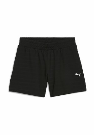 Shorts sportivi negri cu un material texturat, talie elastică și un logo alb Puma pe partea de jos. Are un design simplu.