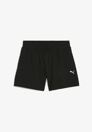 Black athletic shorts with a textured fabric, elastic waistband, and a white Puma logo on the lower side. Features a simple design.