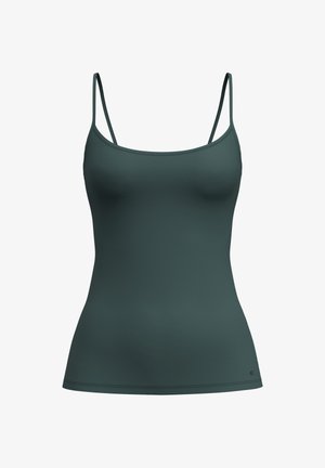 Donkergroene top met smalle bandjes, gemaakt van gladde stof. Heeft een getailleerd ontwerp en minimalistische accenten op de zoom.