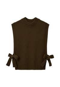 Gilet sans manches en tricot marron avec un col côtelé et deux nœuds attachés de chaque côté, présentant une texture lisse et une coupe décontractée.