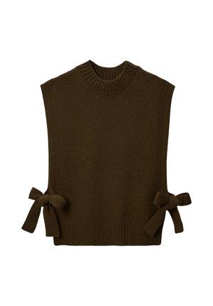 Gilet sans manches en tricot marron avec un col côtelé et deux nœuds attachés de chaque côté, présentant une texture lisse et une coupe décontractée.
