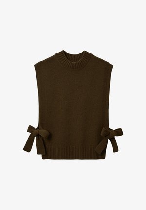 Gilet sans manches en tricot marron avec un col côtelé et deux nœuds attachés de chaque côté, présentant une texture lisse et une coupe décontractée.