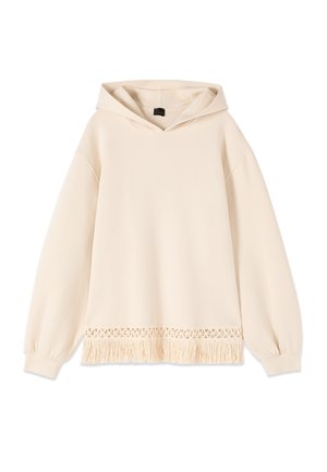 Felpa beige con cappuccio, maniche lunghe e dettaglio di frange lungo l'orlo inferiore.