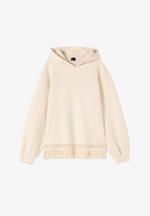 Felpa beige con cappuccio, maniche lunghe e dettaglio di frange lungo l'orlo inferiore.