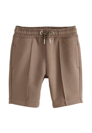 Brown cotton blend shorts with an elastic waistband, drawstring, and side pockets. Smooth texture and knee-length design with seams.