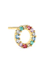 Goldene Ohrringe in Form von Ringen mit einem kreisförmigen Design, geschmückt mit mehrfarbigen Edelsteinen in Pink, Blau, Grün und Klar.