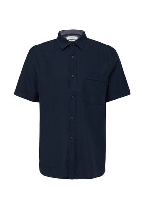 Marineblaues kurzärmeliges Hemd mit Knopfleiste, Kragen und einer einzelnen Brusttasche, auf weißem Hintergrund präsentiert.