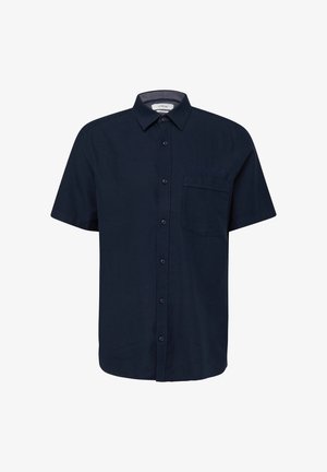 Marineblaues kurzärmeliges Hemd mit Knopfleiste, Kragen und einer einzelnen Brusttasche, auf weißem Hintergrund präsentiert.