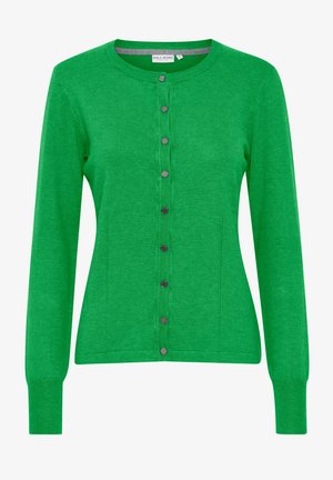Grüne Strickjacke aus weich gestricktem Material. Mit rundem Halsausschnitt, langen Ärmeln und sieben schwarzen Knöpfen die vorne entlang laufen.